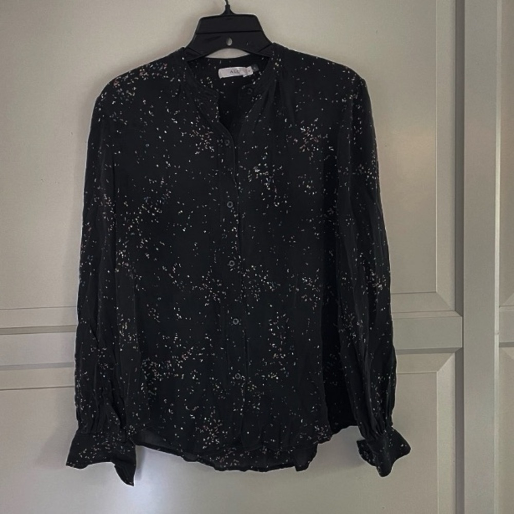 A.L.C. Silk Button Down Shirt Blouse Long Sleeve Black Printed Sz 4 26590